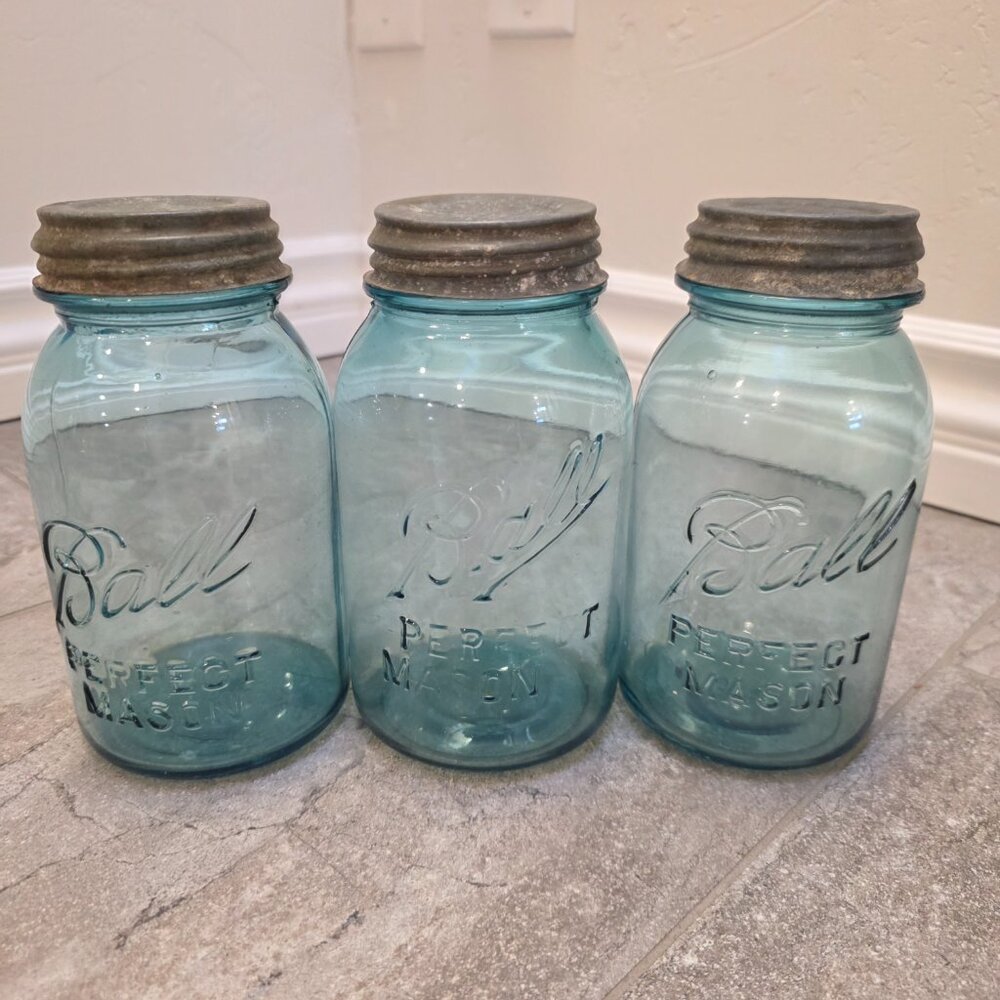 Vintage Ball Blue Aqua Glass Perfect Mason 7” Tall #1, 7, 8  Jar Canning 32 Oz